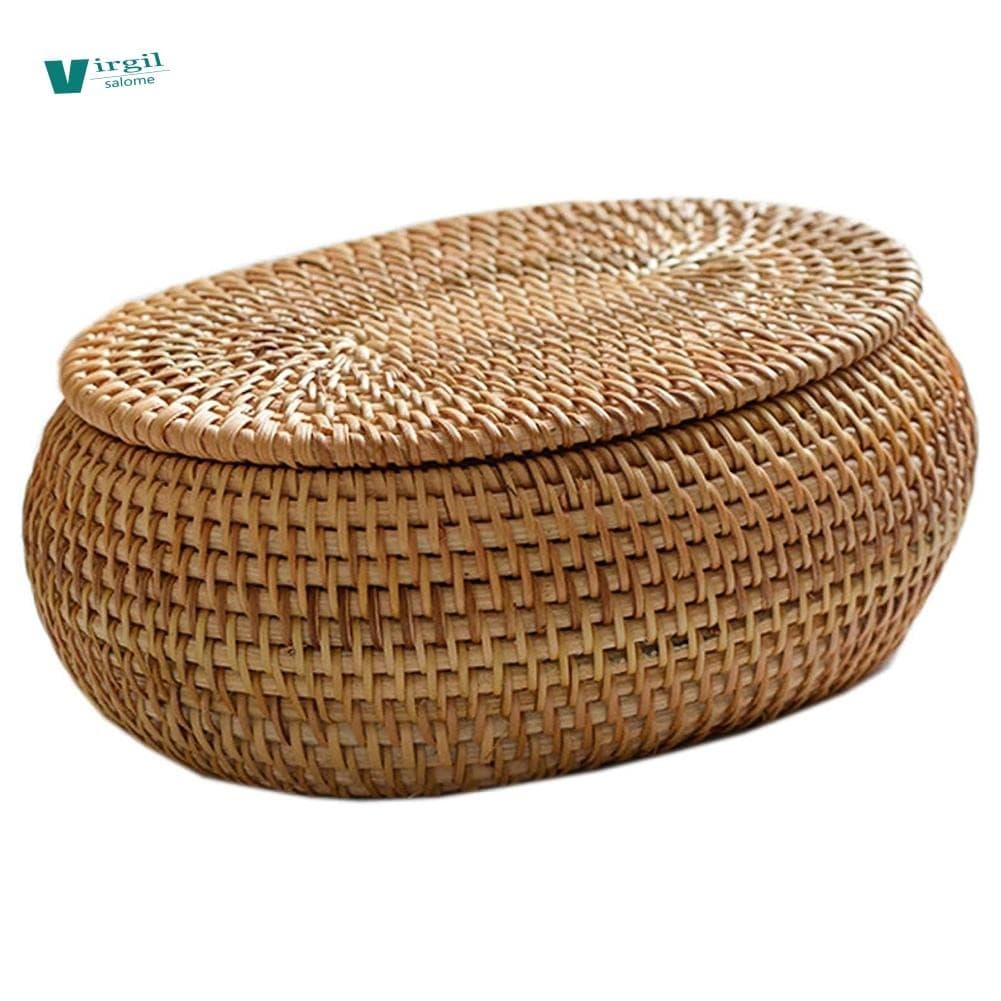 Cestas De Armazenamento De Caixa De Vime Com Tampa , Cesta Tecida Redonda À Mão , Decorativa De Mesa Para Casa , Escritó