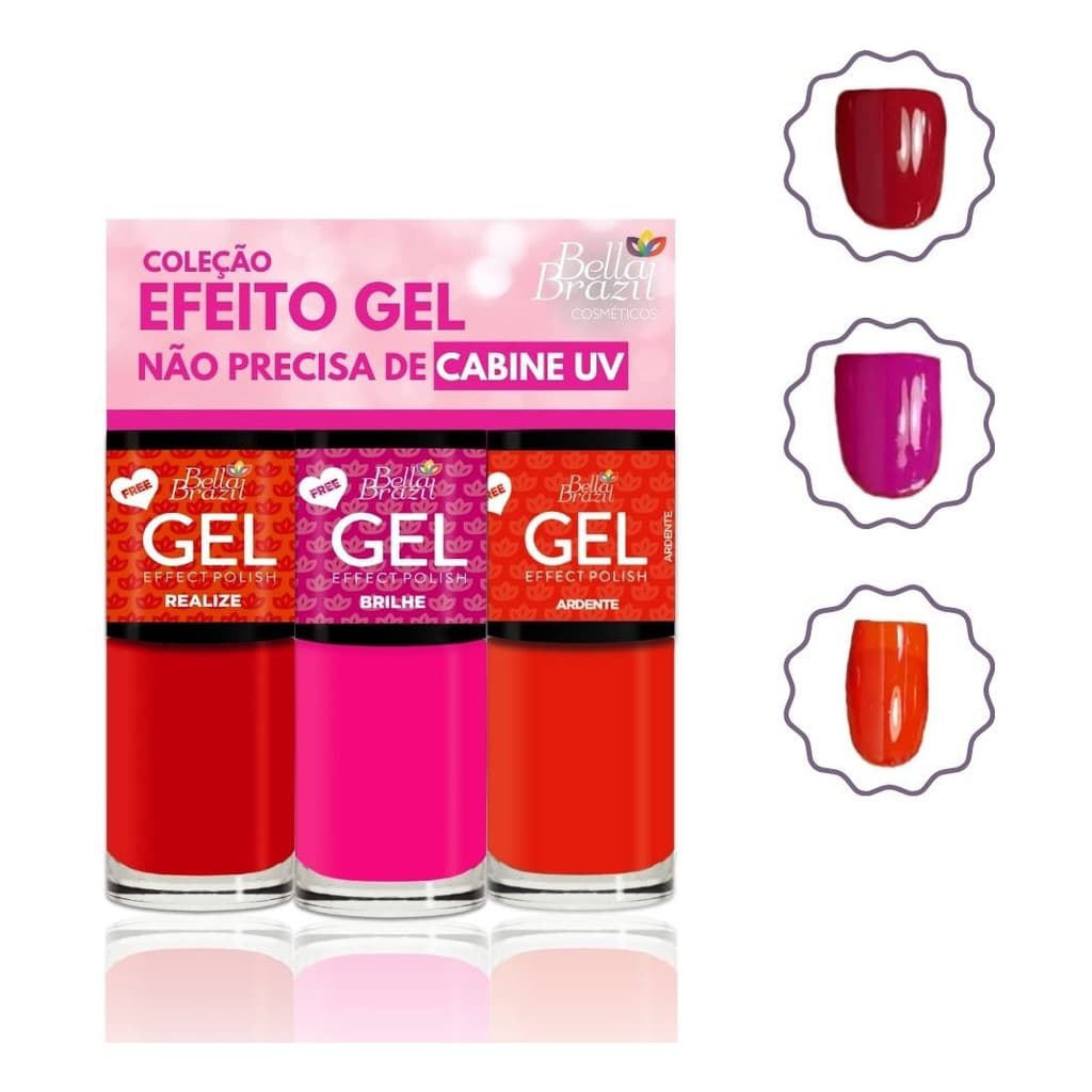 Kit Esmaltes Efeito Gel Bella Brazil 9ml Seca Sem Cabine 824-877-878 Muito Brilho Cor e Durabilidade