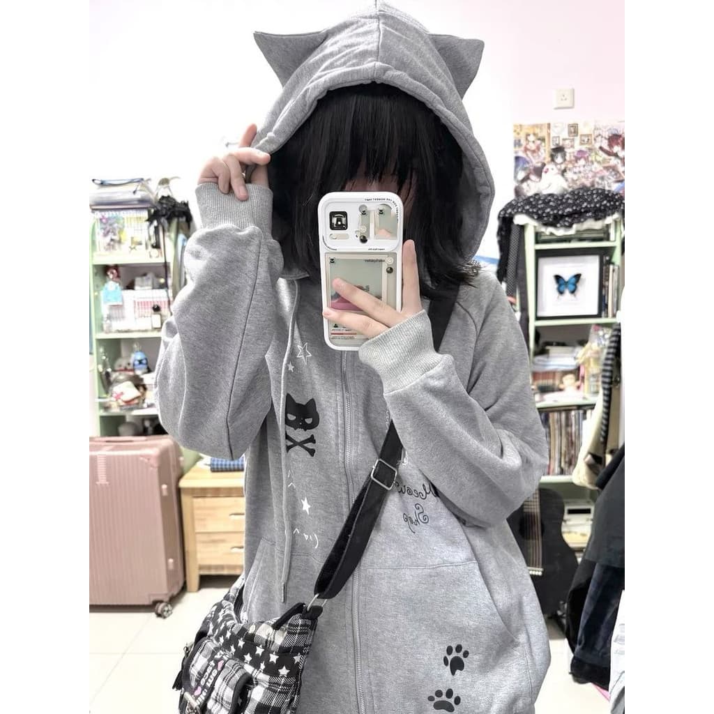 Mulheres Bonito Gato Orelha Hoodies Subcultura Mangas Compridas Zíper Cardigan