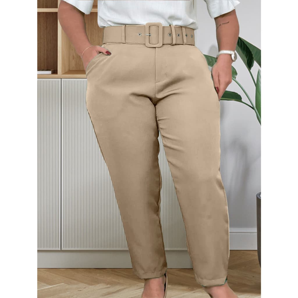 Calças Plus Size Corte Social Alfaiataria com Cinto Elegante Casual Moda Feminina