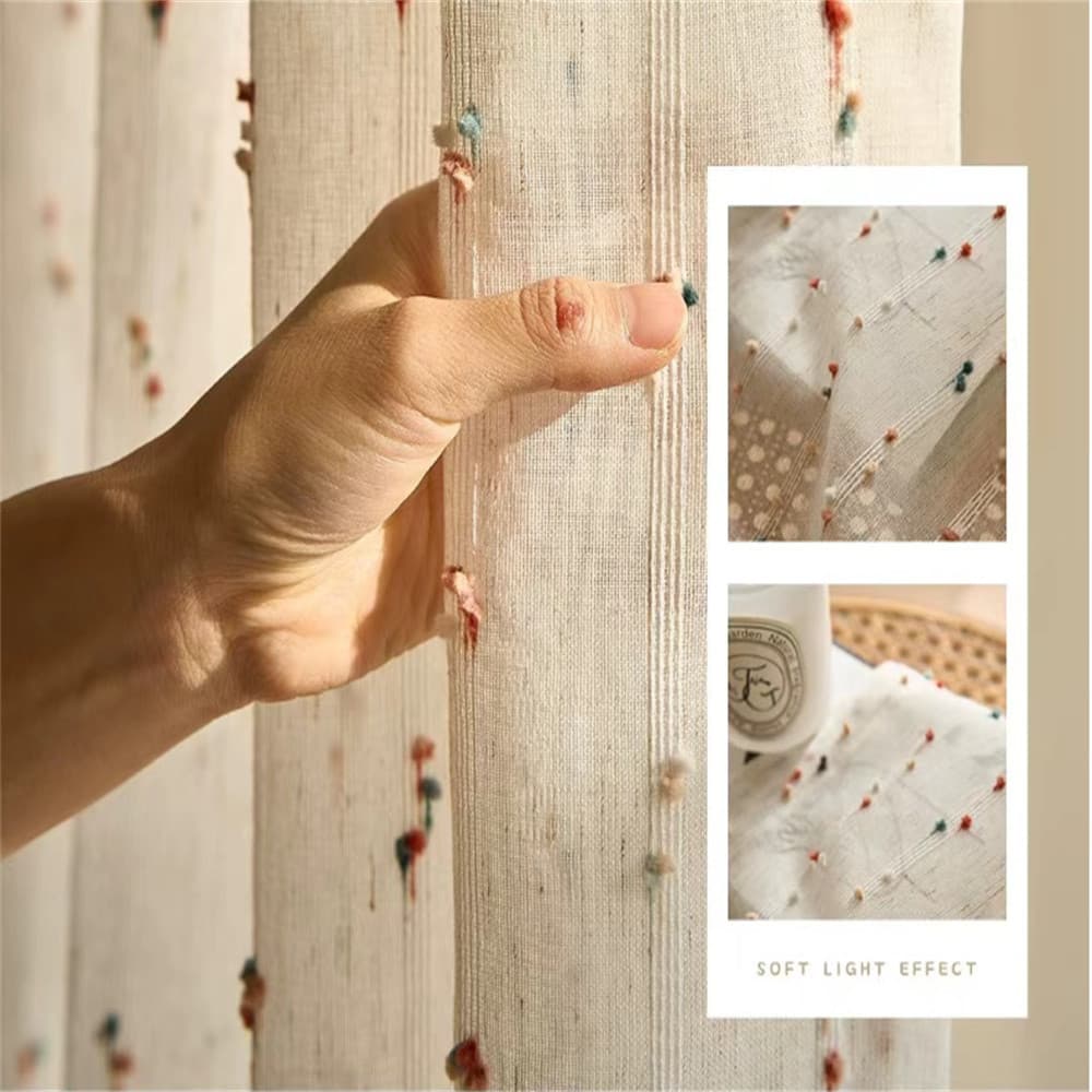 Listras De Linho Falso Cortinas Coloridas Pom Sheer Para Quarto De Crianças Bordadas Com Filtragem De Luz Voile Cortina Vintage Tratamento De Janela Deslizante