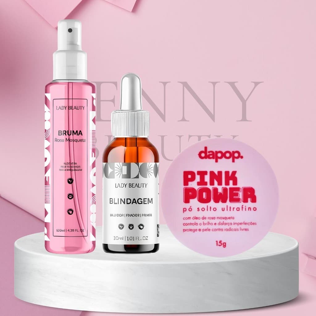 Kit De Maquiagem Blindagem 3 em 1 30ml + Bruma Fixadora Rosa Mosqueta + Pó Rosa Mosqueta Dapop