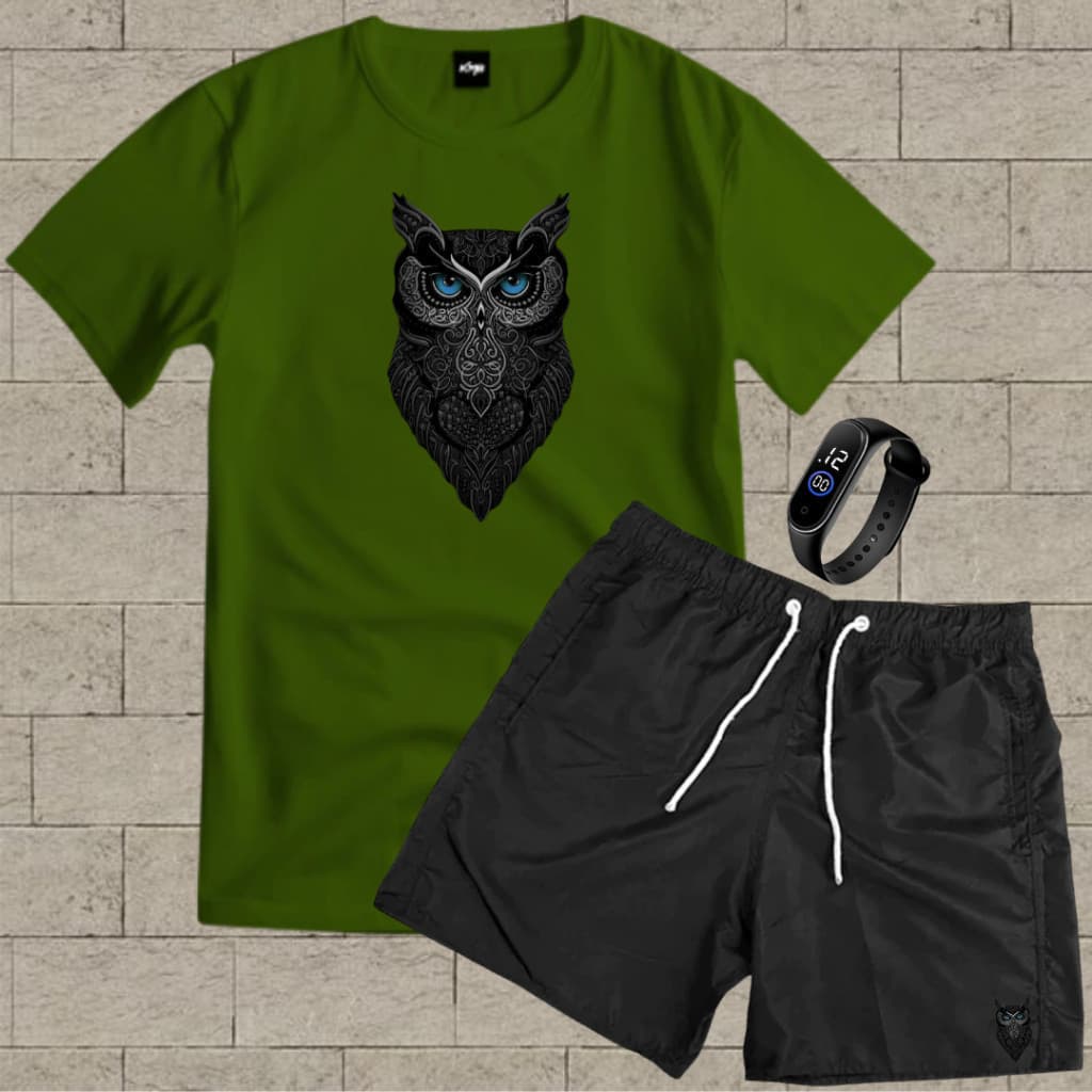 Conjunto kit camiseta algodão e bermuda tectel estampa Coruja mais RELOGIO DIGITAL