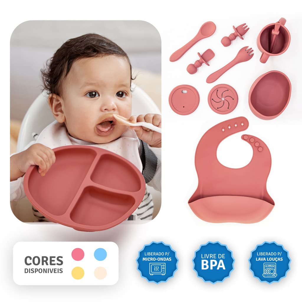 Kit de Alimentação Infantil 9 Peças em Silicone alimentício com Prato Babador Copinho e Talheres