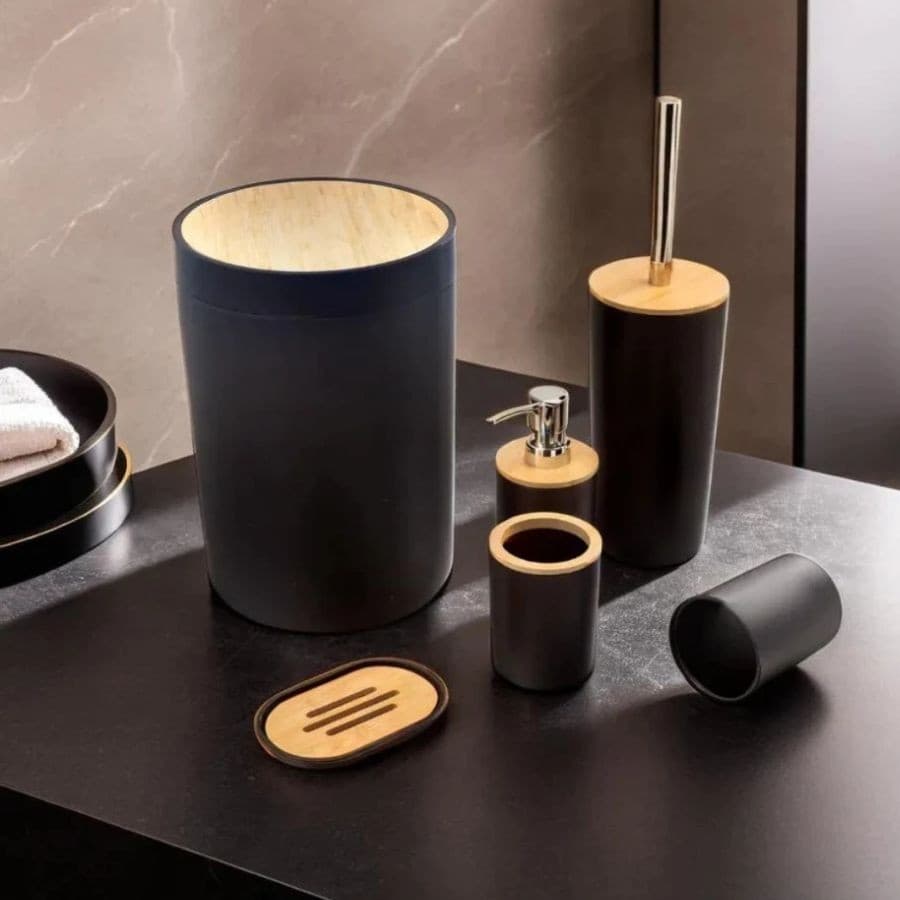 Oferta Conjunto De 6 Utensilios Para Banheiro Lixeira Saboneteira Porta escova Bambu