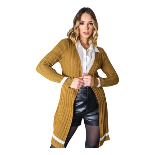 Cardigan Feminino Longo Tricot Quentinho Manga Longa Outono Inverno Casaco Casual Elegante Moda Feminina