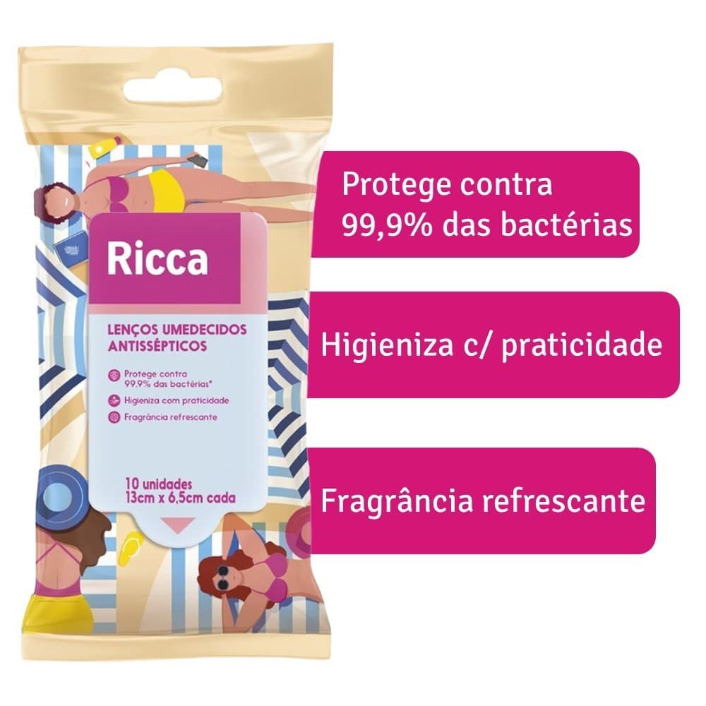 Kit 2 pct Lenços Umedecidos Antissépticos Ricca Fragrância Refrescante c/ 10un