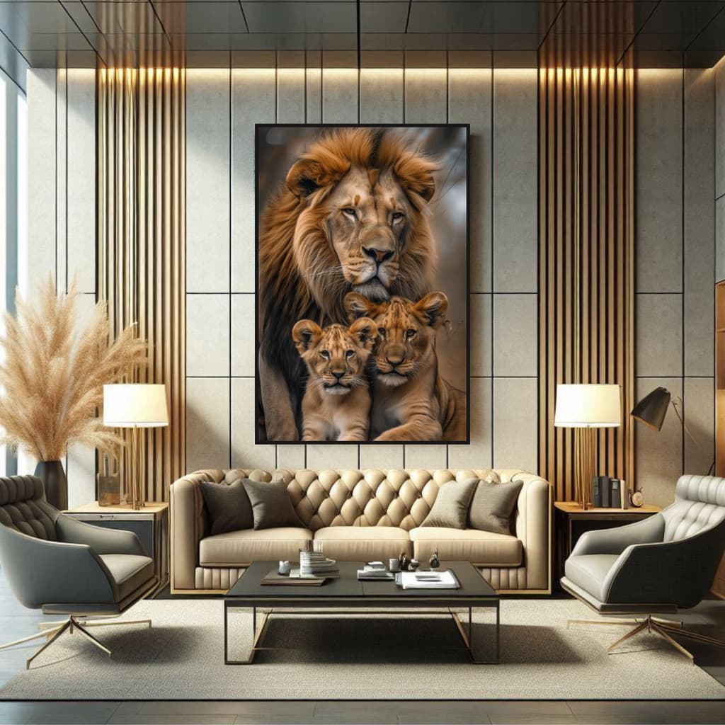 Quadro com Moldura Leão Judá e Familia Decorativo Sala Escritório Selvagem Moderno  Grande 90X60