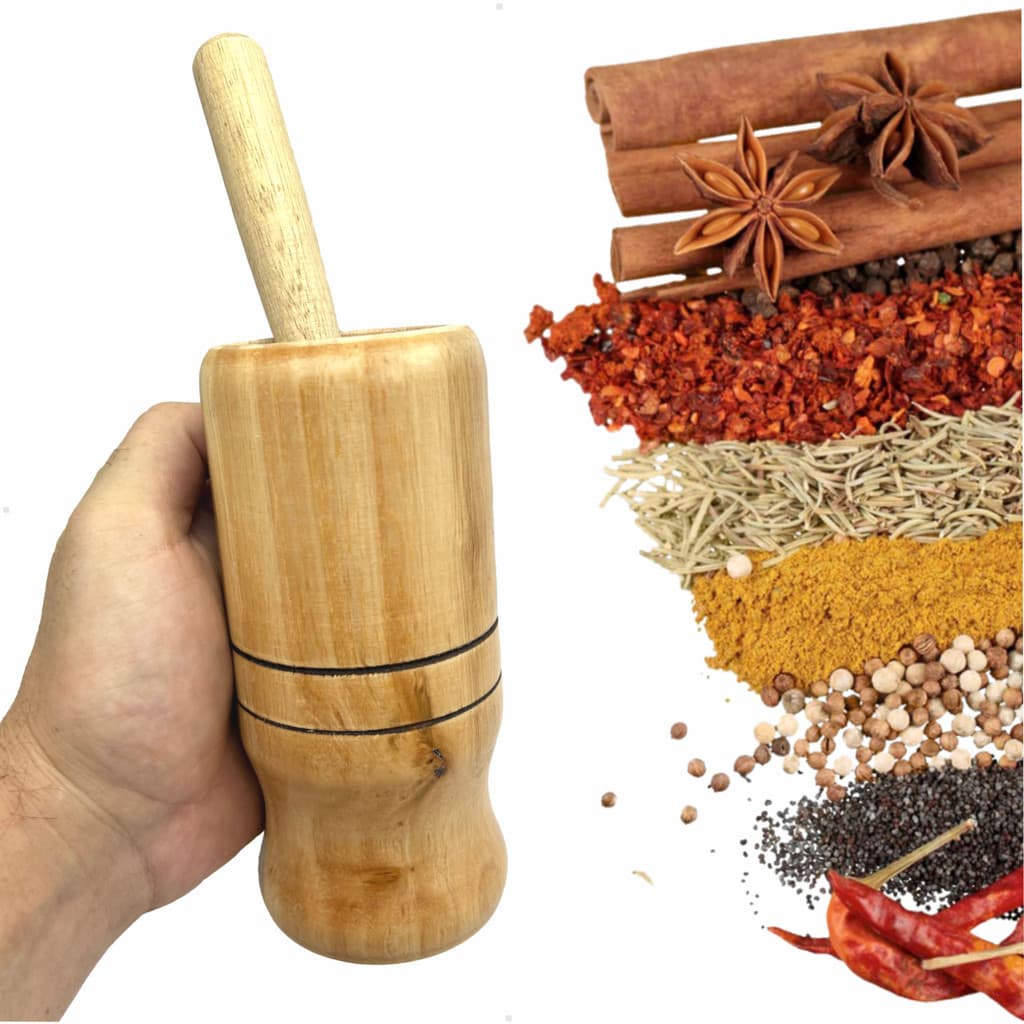 Pilão Com Socador Madeira Amassador Moedor Macerador Alho Temperos 15cm