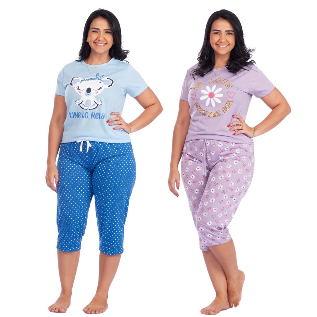 Kit 2 Pijamas Pescador Adulto Feminino Blusinha E Calça Curta Noite Estampado