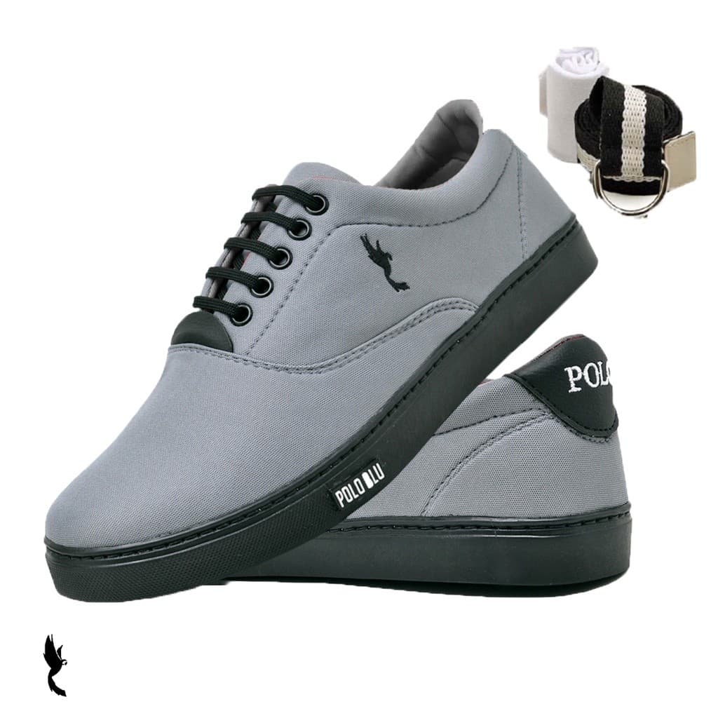 Tênis Casual Moderno Masculino Super Leve Cinza / Preto com Cinto e Meia kit