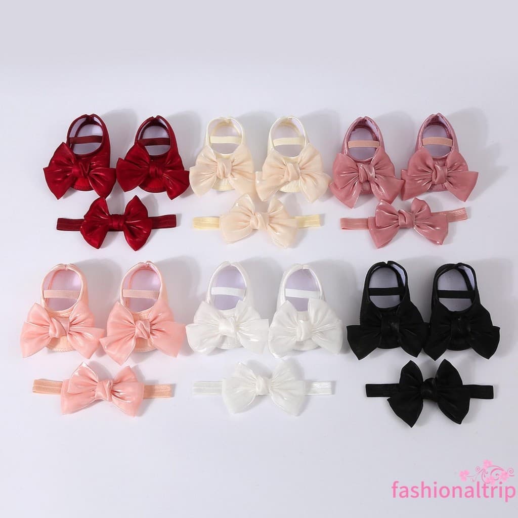 Conjunto De Sapatos E Faixa De Cabeça Para Batismo De Meninas Bebês Com Laço Brilhante Mary Jane