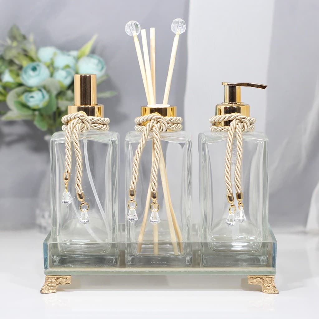 Kit Frasco Sabonete Difusor Spray Bandeja Banheiro Pia Luxo