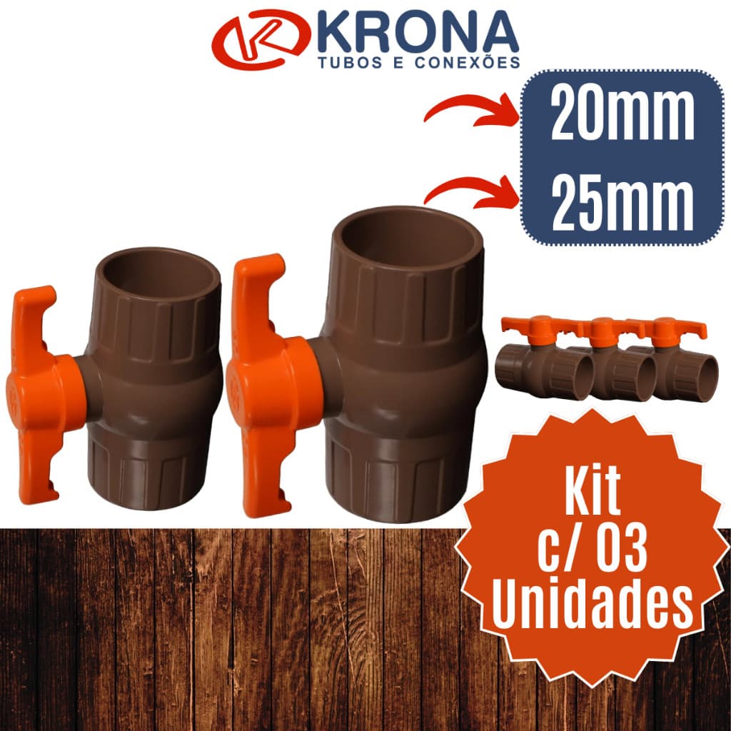 Registro de esfera 20mm 1/2" e 25mm 3/4 para tubos e cano de cola soldável PVC - Krona