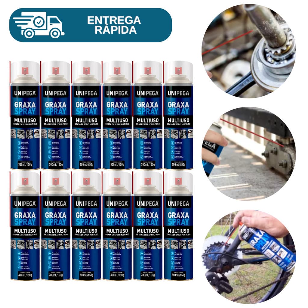 Kit 12 Graxa Spray Lubrificante Multiuso 300ml Unipega Bicicleta Moto Rolamento Trilho Engrenagem