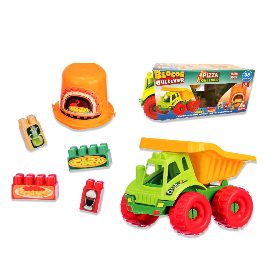 Mini Caminhão Caçamba com Blocos e Adesivos Pizza Caixa