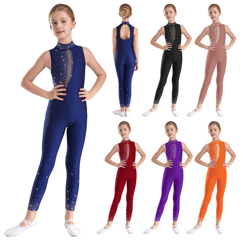 MSemis Crianças Meninas Strass Brilhantes Malha Transparente Patchwork Macacão Mock Neck Sem Mangas Recorte Voltar Bodys