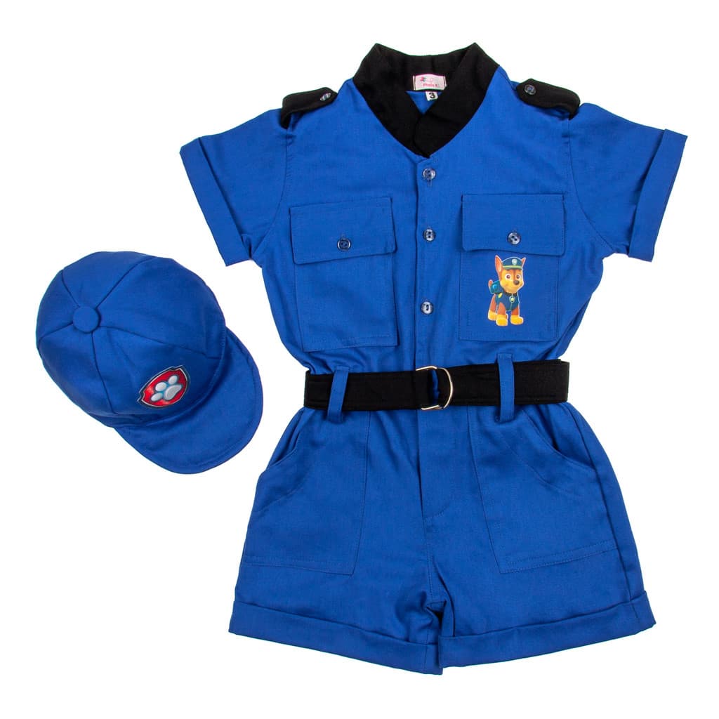 Roupa Infantil Bebê Patrulha Canina Macacão Temático Com Cinto Modelo em Azul Com Boné