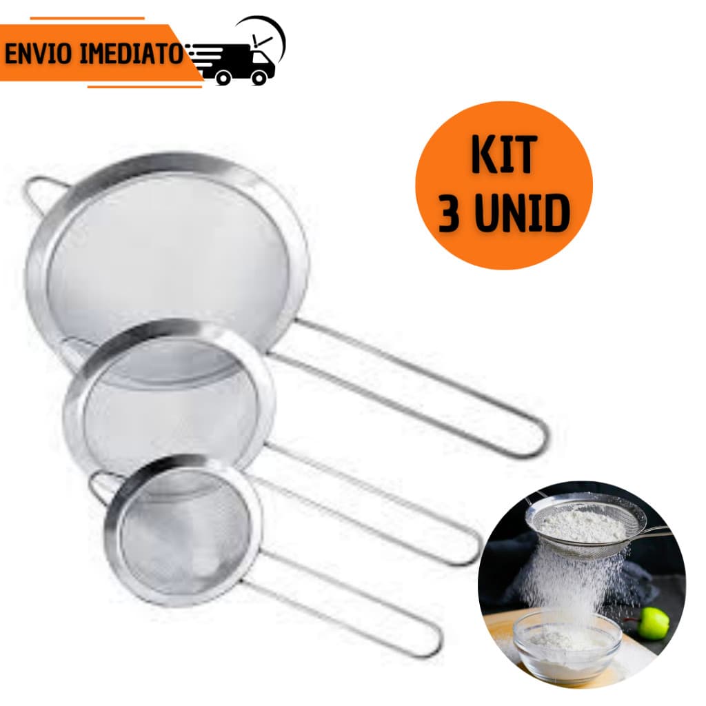 Kit 3 Peneiras 20CM 12CM 10CM Jogo Coador Aço Inox Suco Oleo Farinha Casa Restaurante Cozinha