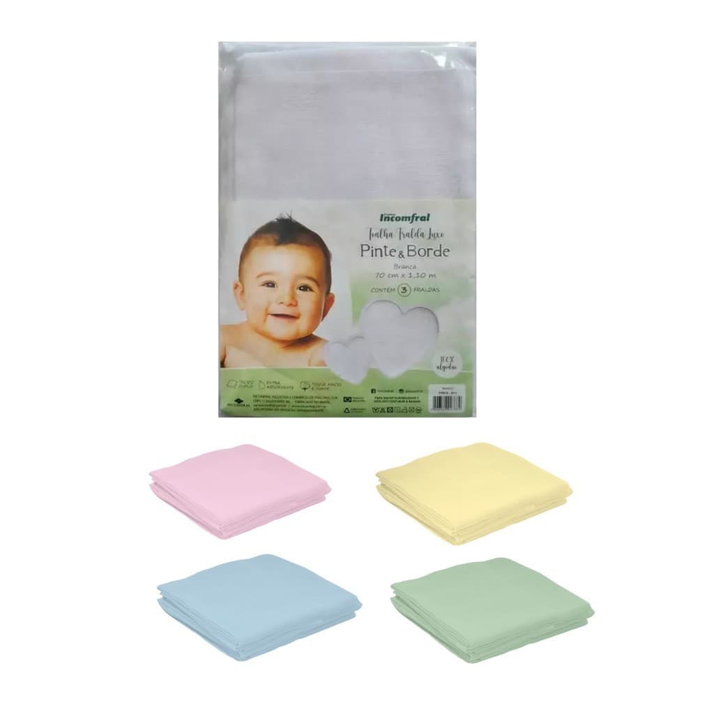 Toalha Fralda Luxo Pinte e Borde Branca 3 Unidades 70Cm x 110Cm Incomfral