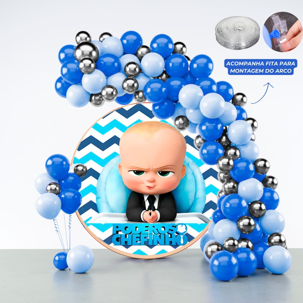 Kit 125 Balões Festa Poderoso Chefinho  + Fita Arco - Balão Bexiga Liso/Cromado Para Aniversários