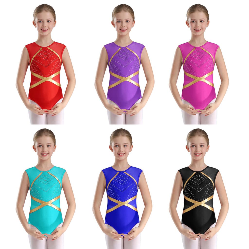 MSemis Crianças Meninas Strass Brilhantes Ginástica Collant Buraco De Fechadura Volta Retalhos Sem Mangas Bodysuit Para