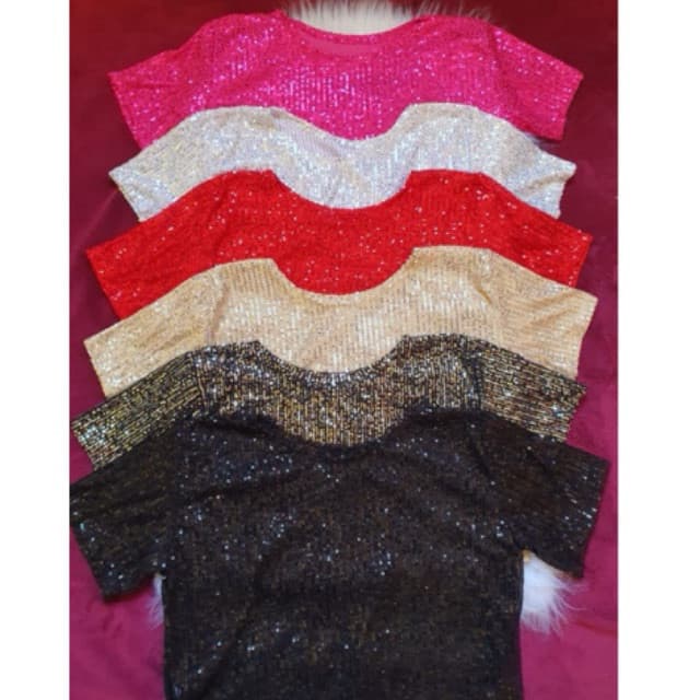 BLUSA CAMISETA TOP CROPPED MANGA CURTA GOLA U PAETÊ BRILHO SIMPLES