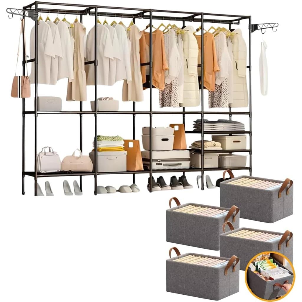 Kit Arara Cabideiro 4 Colunas Sapateira + Cestos Organizadores 25L Organização Completa Roupas Sapatos Acessórios