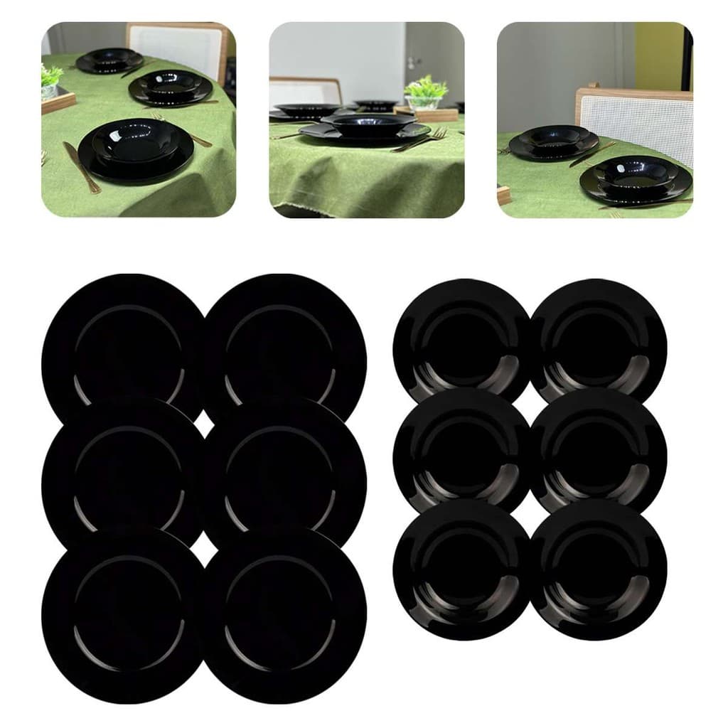 Jogo 6 Pratos Fundo + 6 Pratos Raso Jantar Vidro Temperado Opaline Flare Black Mesa Posta Luxo Haüskraft