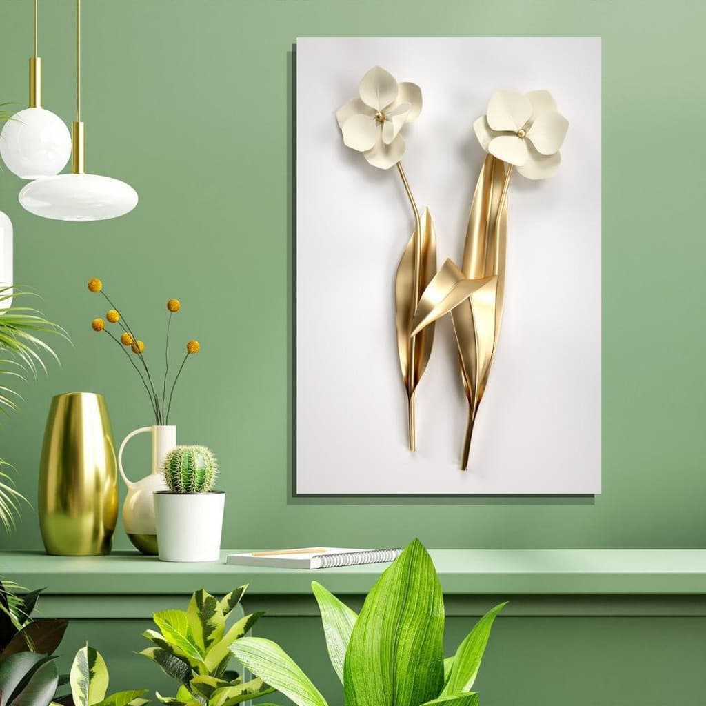 Quadro Decorativo Flor Branca E Dourada 60x40cm Decoração Casa Sala Cozinha Quarto Design Madeira