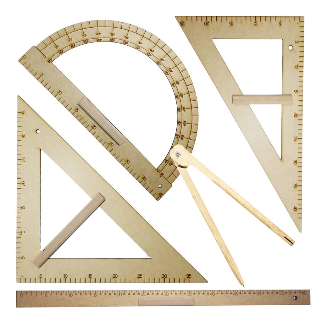 Kit Geométrico Prof. Mdf Com Régua 60 cm 1 Compasso Giz 1 Esquadro 30 Graus 1 Esquadro 45 Graus e Transferidor 180 Graus