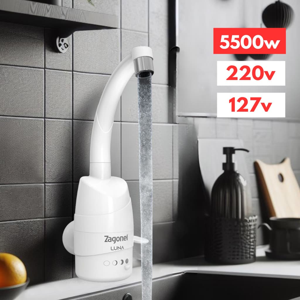 Torneira Elétrica Luna 4 Temperaturas Branca 220V 127V 5500W Zagonel Água Aquecida Quente Ajustável