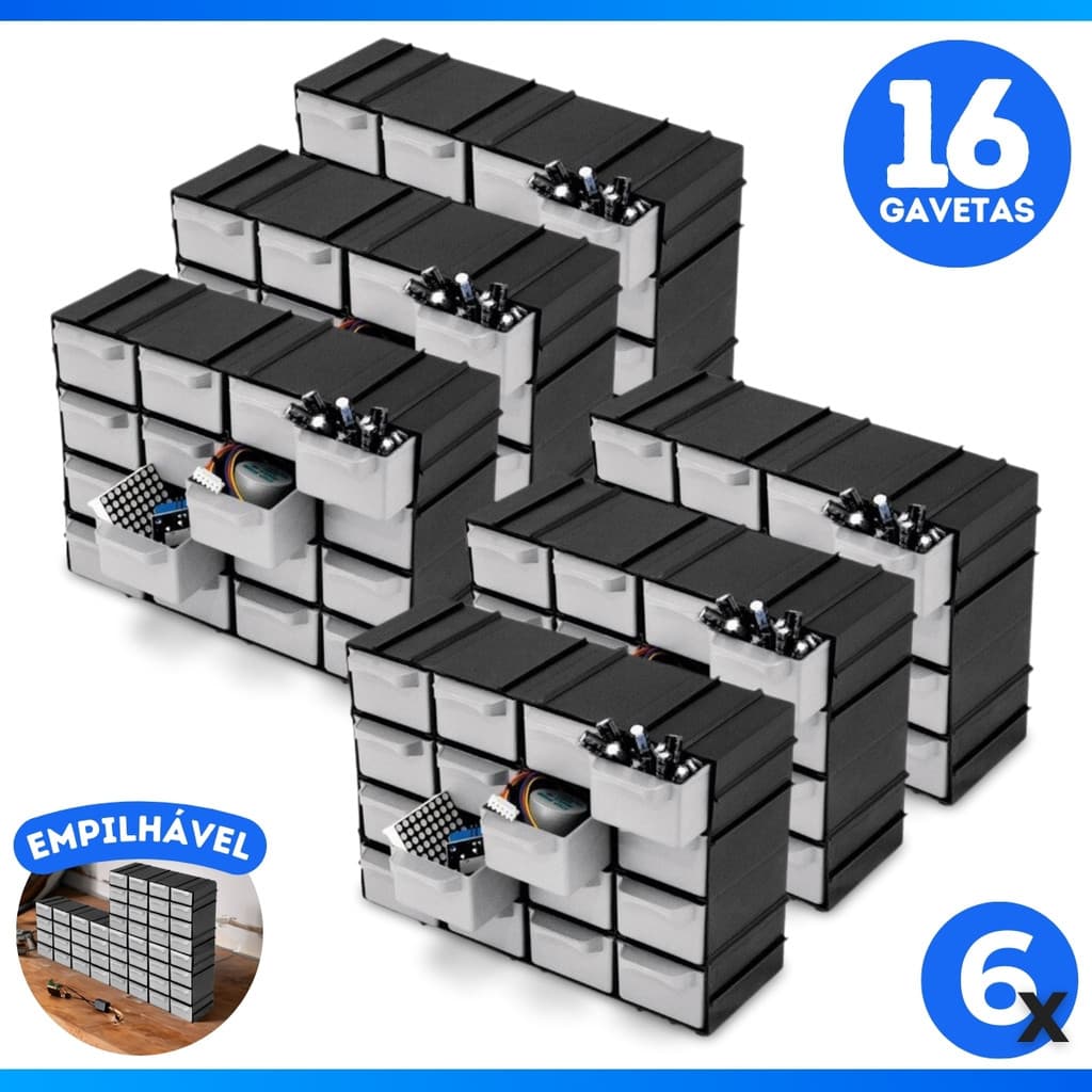 Conjunto 6 Organizador Com Gavetas Empilhavel Multiuso Plástico Mini Gaveteiro Caixa com 16 Gavetas