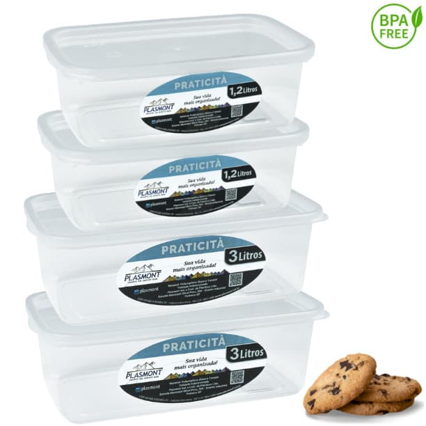 Kit 4 Potes Transparente 1,2 L E 3,0 L Presidio Retangular