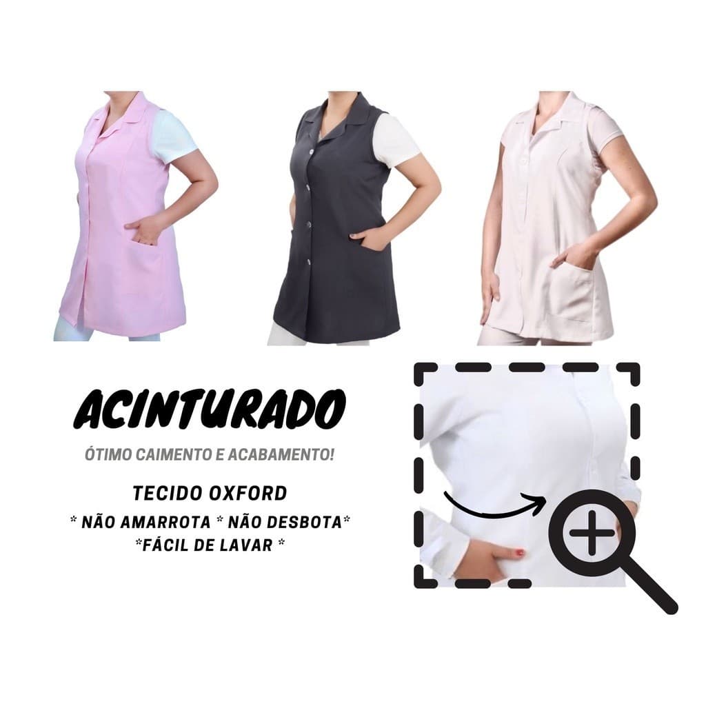 JALECO FS Acinturado Feminino Sem Manga oxford Preto Rosa Branco professora manicure enfermagem