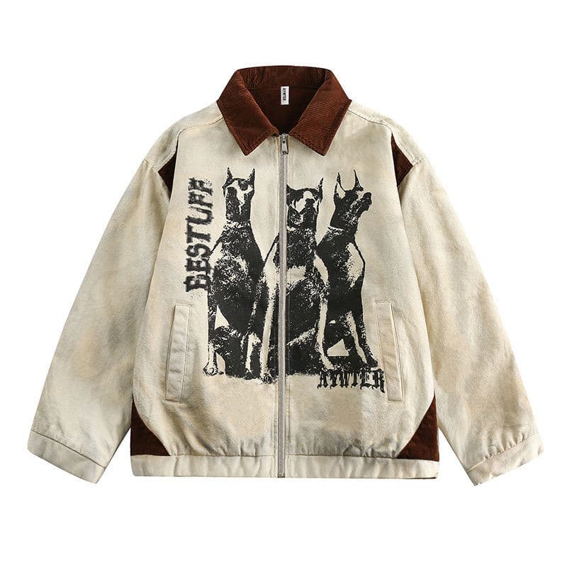 Mulher Homem Vintage Dubin Dog Print Baseball Jacket High Street Lapel