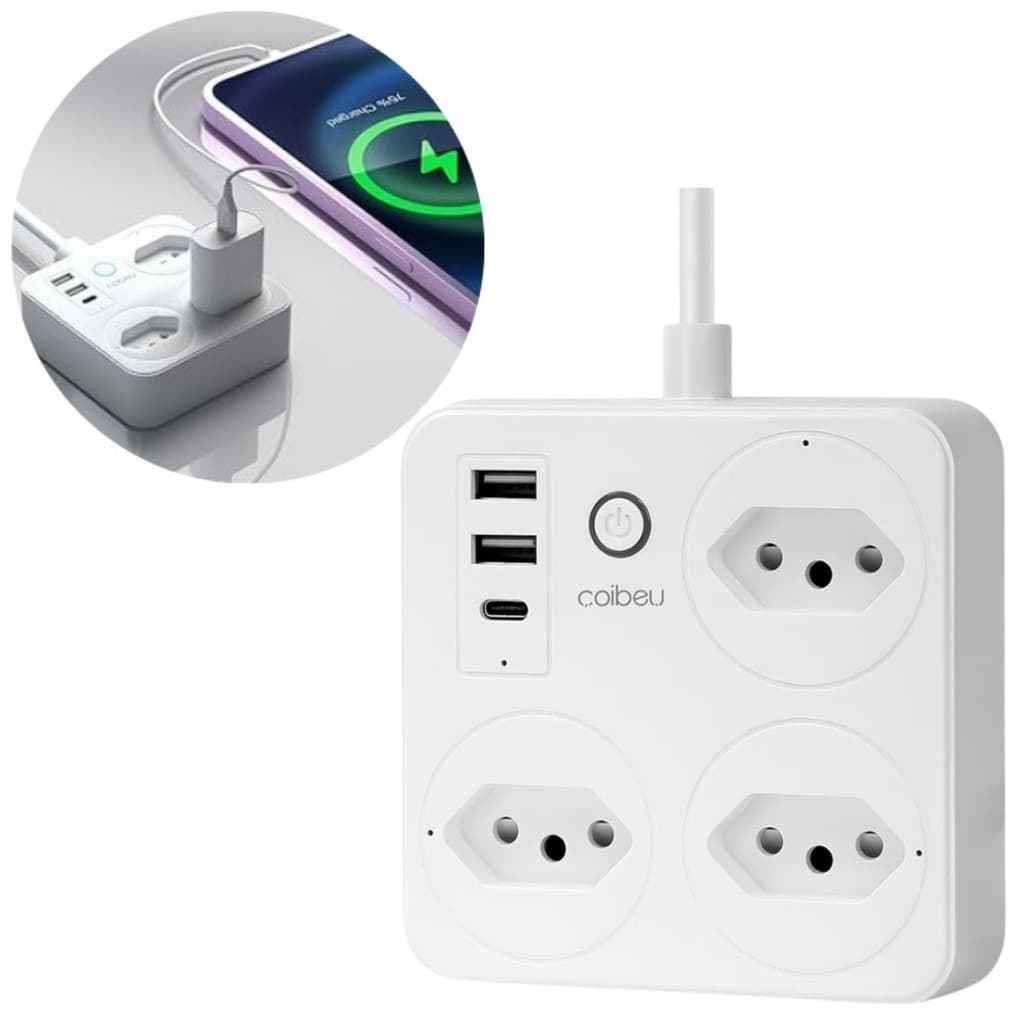 Tomada Extensão Inteligente Wi-Fi Alexa Controle Por Voz e por Celular 3 Tomadas 2 USB-A e 1 USB-C