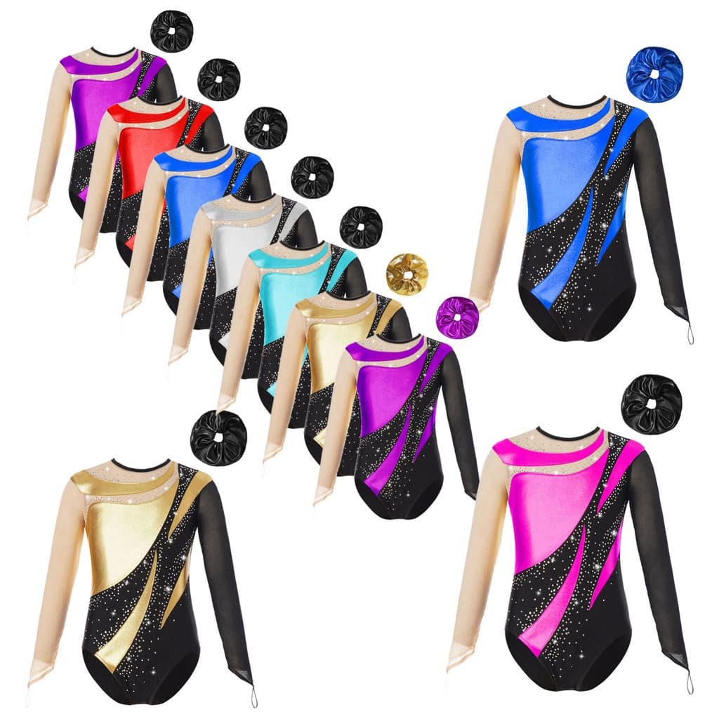 MSemis Crianças Meninas Roupa De Desempenho De Ginástica Malha Manga Longa Buraco De Fechadura Volta Collant Metálico Co