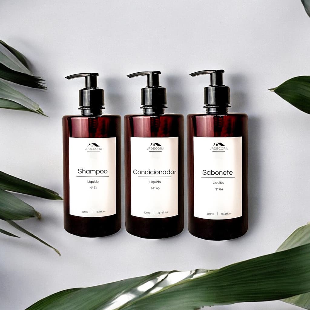 Kit 3 Frascos Âmbar Dispenser Sabonete Shampoo Condicionador