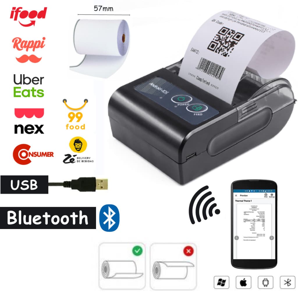 Mini Impressora Térmica Bluetooth 58mm - Imprima Cupons e Pedidos de Delivery Com Agilidade