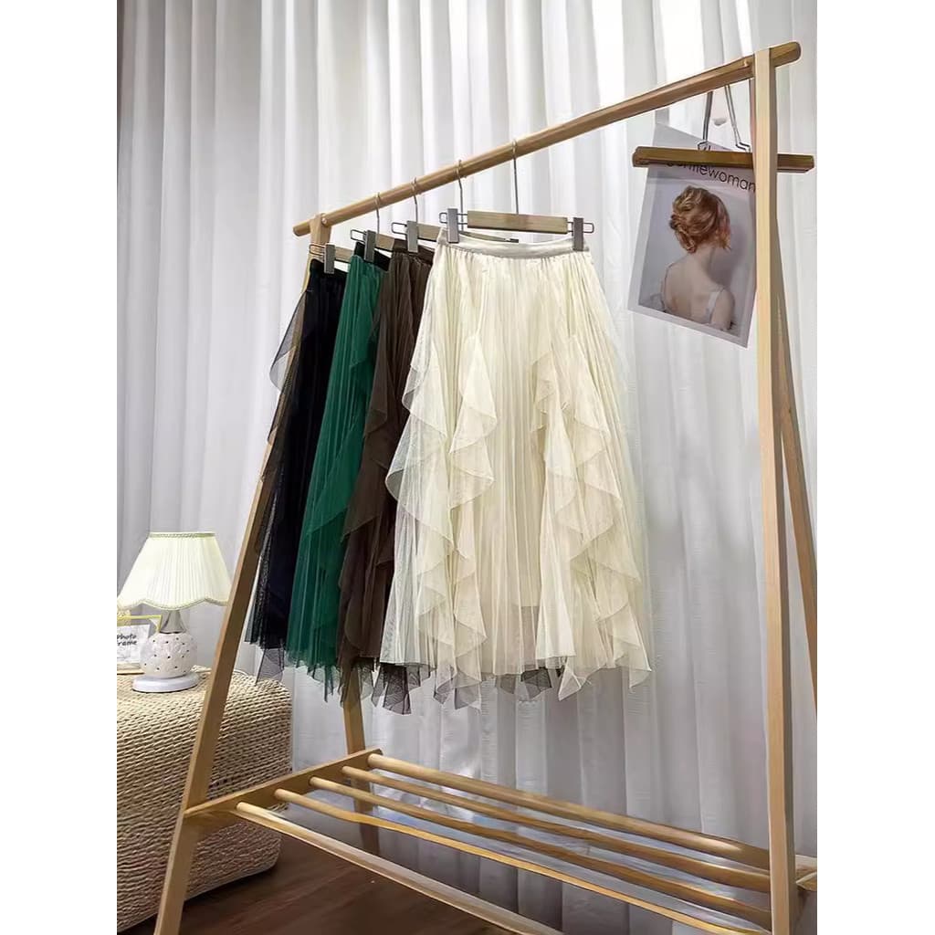 Qooth Tulle Saia Mulheres Outono Lisa Cor Midi Malha Linha Um Saia De Cintura Alta Gaze Longa Embalada QT1240 B 10 K RX0