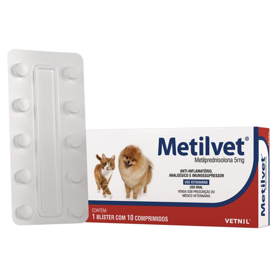 Metilvet 5mg Anti Inflamatório Vetnil 10 Comp Cães e Gatos