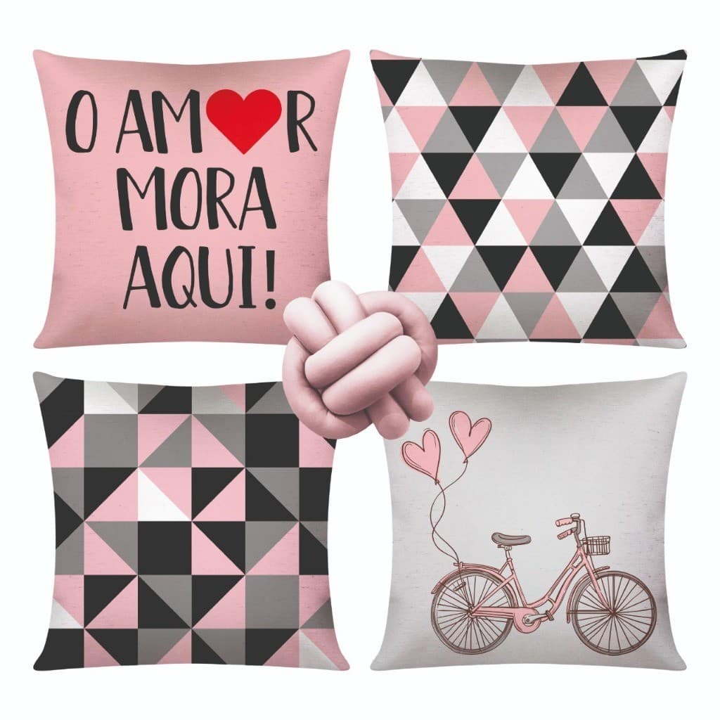 Kit c/ 04 Capas de Almofada Modernas Decorativas 45x45 + 1 Almofada de Nó - Amor Mora Aqui Rosa
