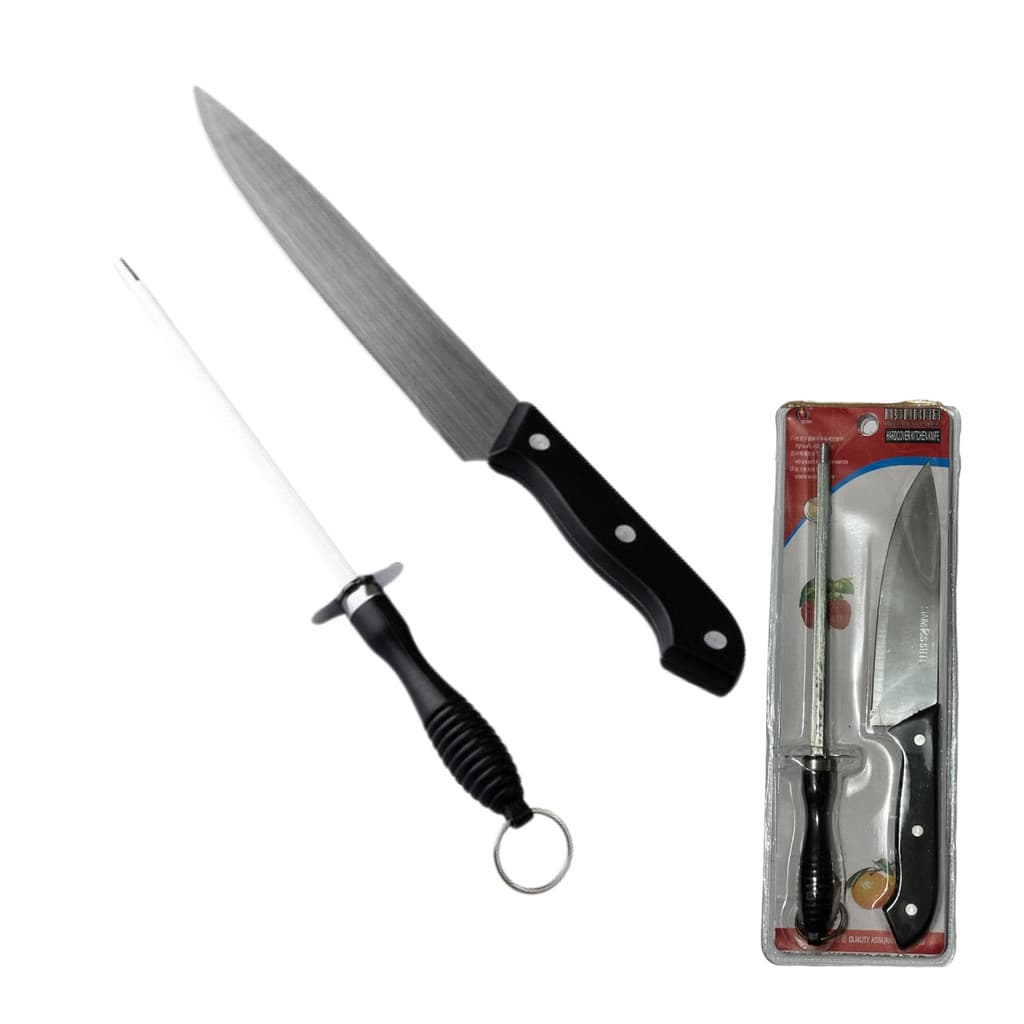 Kit Faca E Chaira Amolador Conjunto Jogo Churrasco Aço Inox