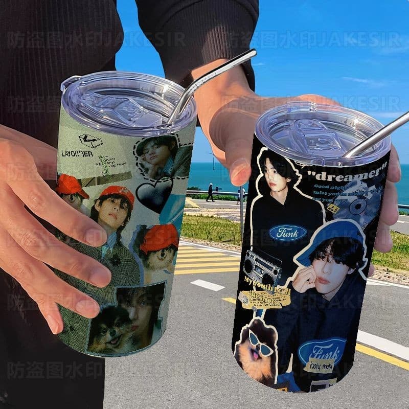 Copo térmico BTS Bangtan Boys com canudo, copo casual para café, copo térmico portátil de aço inoxidável com canudo.