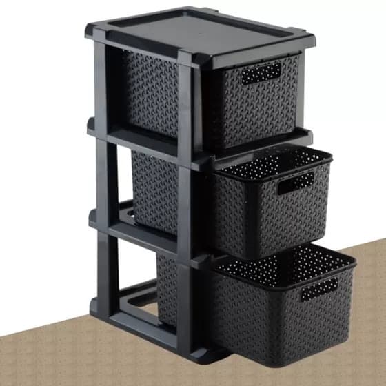 Gaveteiro Plastico Rattan 03 Gavetas Com Rodizio Preto
