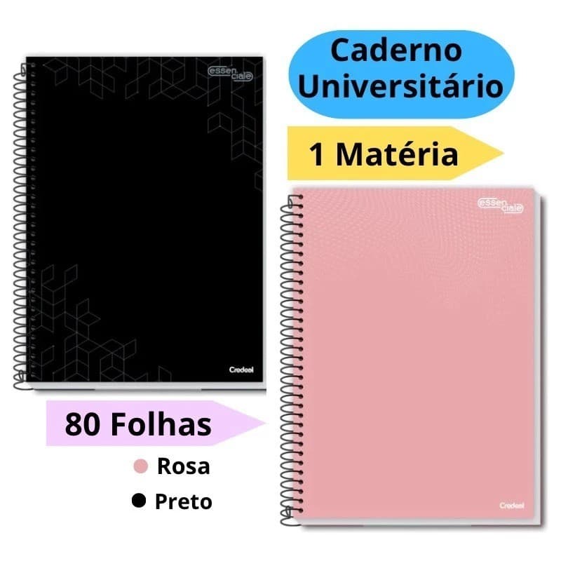 Kit 4 Cadernos Universitários Capa Dura 1 Matéria Com 80 Folhas Preto e Rosa Escolar Credeal