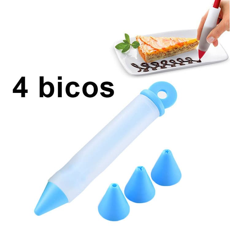 Caneta Silicone Confeitar Decorar Bolo Cupcake Com 4 Bicos