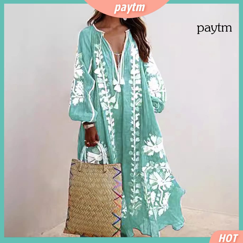 [PTM] Vestido De Verão Feminino De Pescoço Em V Profundo Tassel Manga Longa Retro Boêmia Estilo    Impressão De Férias