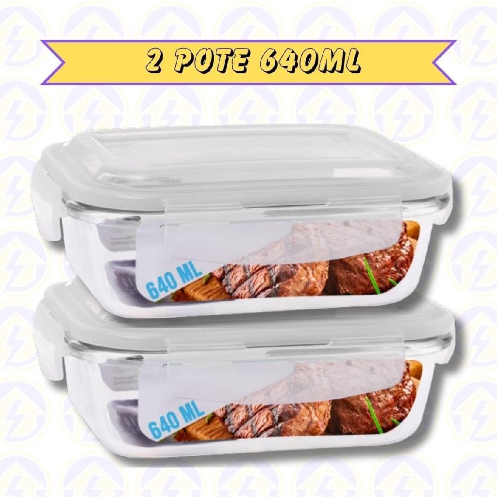 2 Pote de Vidro p/ Marmita Forno Freezer Airfryer 640ML c/ Tampa